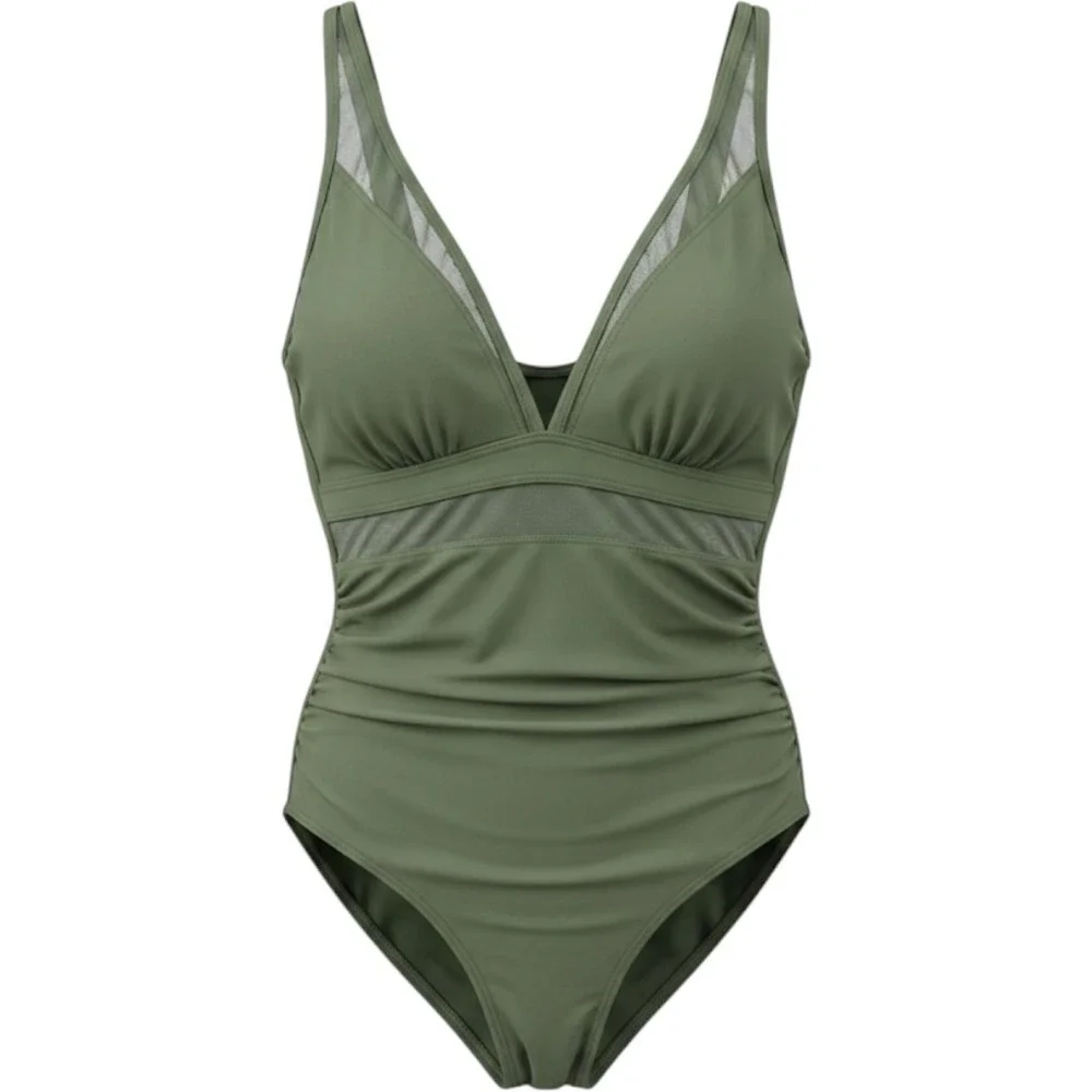Olive Green One Piece Swimsuit Mesh Ruched V-Neck Swimwear Large‎ /#26612